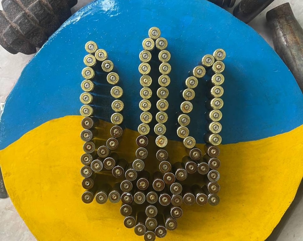 Ukrainian Trident Brass-Shell Art on Wood • Upcycled Symbolic Wall Emblem • Handcrafted Freedom Decor