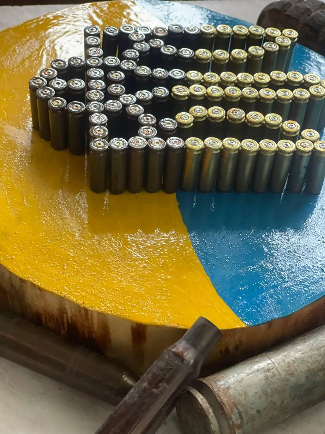 Ukrainian Trident Brass-Shell Art on Wood • Upcycled Symbolic Wall Emblem • Handcrafted Freedom Decor