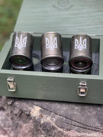 Shot Glass Set from Recycled Tank Steel  Tryzub Engraving  6-Piece Military Whiskey Cups in Ammo-Style Gift Box – Patriotic Veteran Gift
