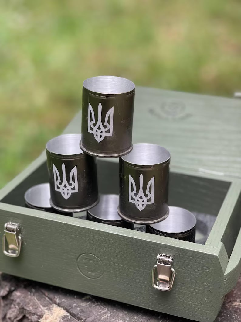 Shot Glass Set from Recycled Tank Steel  Tryzub Engraving  6-Piece Military Whiskey Cups in Ammo-Style Gift Box – Patriotic Veteran Gift